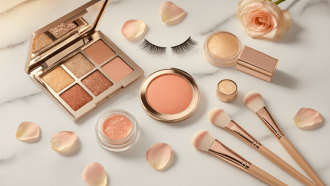 A luxurious soft glam bridal makeup display on a white marble surface, featuring champagne and rose gold eyeshadow palettes, dewy primer, peach blush, natural false eyelashes, precision brushes, contour stick, and highlighter, surrounded by scattered rose petals and shimmer particles in warm golden hour lighting.