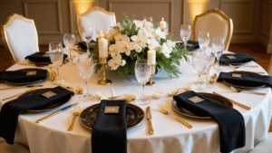 How to Create Stunning Wedding Reception Decor That Actually Reflects Your Style Elegant wedding reception tablescape featuring white orchids, black and gold accents, and soft golden hour lighting.