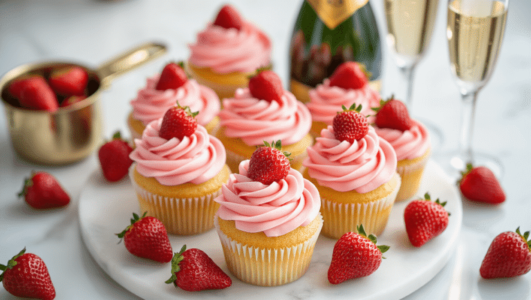 Strawberry Champagne Cupcakes: The Elegant Dessert That Actually Delivers Cinematic overhead view of elegant strawberry champagne cupcakes adorned with swirled pink buttercream and fresh strawberries, alongside a champagne bottle and vintage measuring cups on a white marble surface, captured in soft natural light for a sophisticated celebration vibe.
