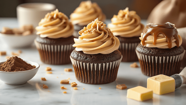 Toffee Crunch Cupcakes: Chocolate, Caramel & Toffee Heaven Decadent toffee crunch cupcakes topped with dark ganache and caramel buttercream on a marble counter, featuring dramatic lighting and artfully arranged ingredients.