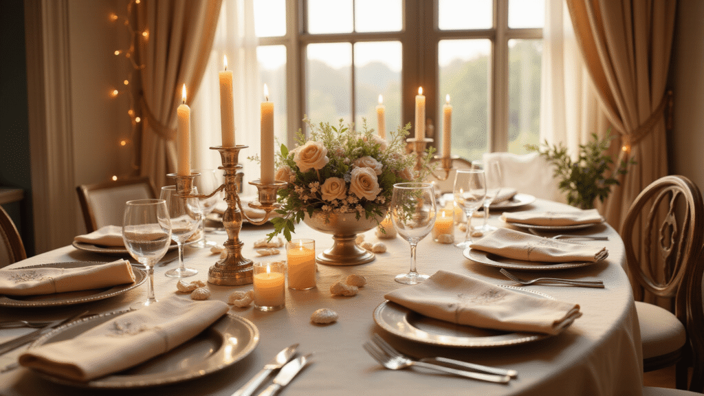 How to Plan Wedding Event Decor That Wows Your Guests Without Breaking the Bank Elegant Victorian-inspired wedding reception tablescape with vintage silver candelabras, glowing candles, ivory silk draping, blush embroidered napkins, and warm golden hour sunlight filtering through ornate windows.