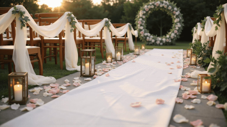Wedding Ceremony Decorations: How to Design an Unforgettable Aisle and Backdrop Cinematic overhead shot of an elegant wedding ceremony aisle adorned with blush roses, eucalyptus, and glass lanterns in golden hour light, featuring a white satin runner, scattered rose petals, and a stunning floral arch, creating a romantic and ethereal atmosphere.