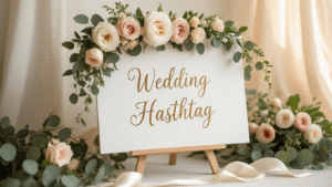 How to Use Wedding Hashtags to Capture Every Perfect Moment Elegant wedding hashtag sign in gold calligraphy on a white acrylic board, displayed on a stylish easel, surrounded by lush blush and ivory florals, under warm golden hour lighting.