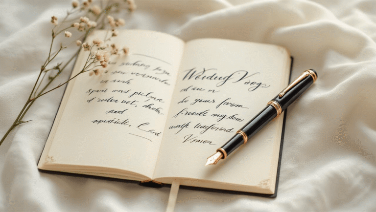 How to Write Wedding Vows That Actually Sound Like You Handwritten wedding vows in elegant calligraphy fill an open journal on a white linen surface, with a rose gold fountain pen and a delicate dried flower beside it, illuminated by soft natural light.