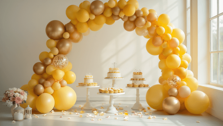 Yellow Balloon Decorations: Everything You Need to Transform Your Party Space Elegant yellow balloon garland installation with pastel shades and confetti accents, set against a clean white backdrop with a minimalist dessert table and rose petals, bathed in warm natural light.