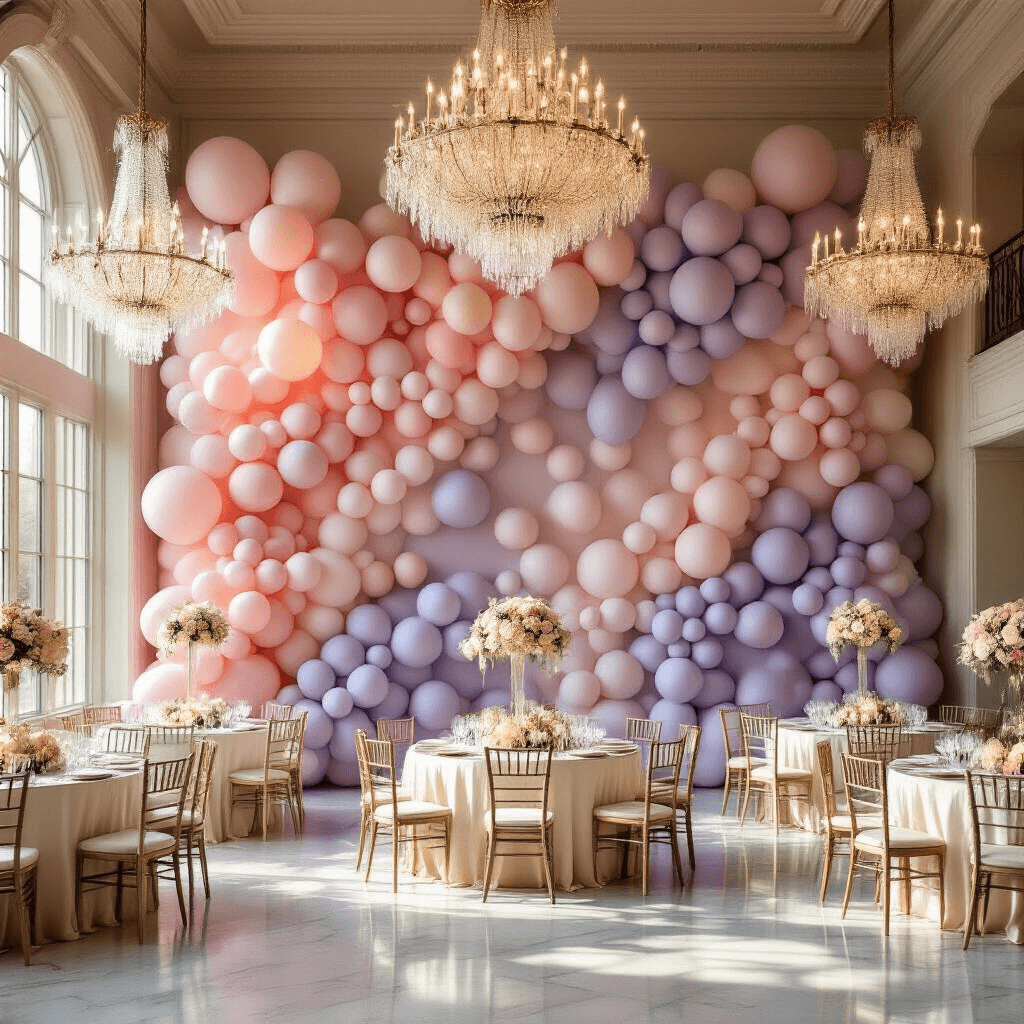 Birthday Balloons Aesthetic: How I Learned to Stop Settling for Boring Party Decor Wide-angle shot of an elegant indoor ballroom featuring a flowing balloon wall in pastel colors, crystal chandeliers casting warm light, ivory-draped tables with balloon centerpieces, and marble floors reflecting ambient lighting.
