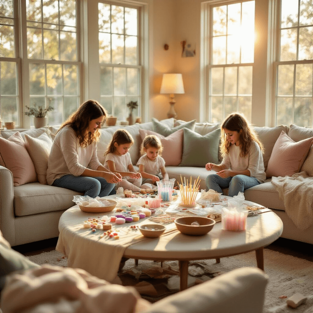 How to Make DIY Hot Air Balloons That Actually Fly (Without Burning Down Your House) A cozy living room transformed into a DIY workshop, featuring a family crafting session with organized supplies on a round coffee table, soft blush and ivory decor, and golden hour sunlight streaming through tall windows.
