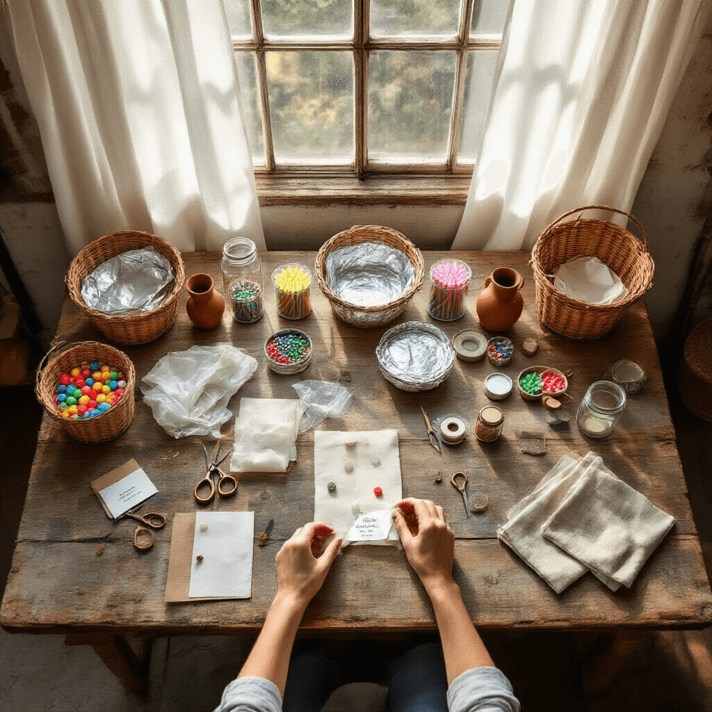How to Make DIY Hot Air Balloons That Actually Fly (Without Burning Down Your House) Overhead flat lay of a hot air balloon construction process on a rustic wood table, featuring aluminum foil baskets, rainbow candles, and transparent bags, all bathed in soft morning light with intricate tools and handwritten instructions.