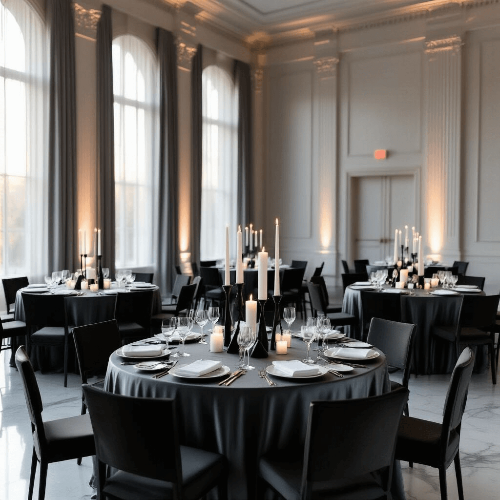 How to Bring the House of Balloons Aesthetic Into Your Home (Without Looking Like You Raided a Record Store) A monochromatic dinner party in an elegant ballroom featuring round tables with charcoal silk linens, white ceramic place settings, and geometric black metal centerpieces surrounded by white pillar candles, all under soft natural light filtering through sheer gray curtains. The scene captures cool-toned whites, soft charcoals, and pewter grays with artistic menu cards in bold Helvetica fonts, presented in a cinematic wide-angle perspective with a grainy, atmospheric quality.