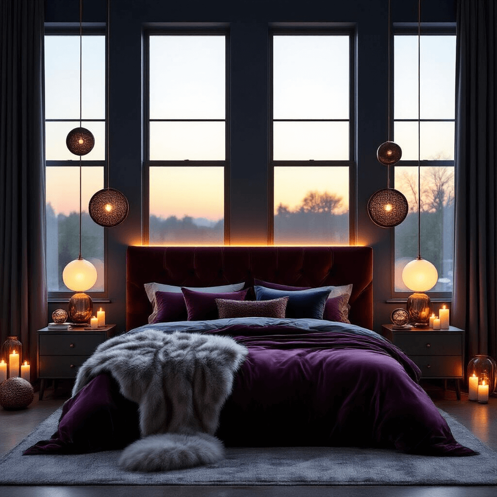 How I Transformed My Bedroom Into a Moody, Balloons-Inspired Sanctuary (And You Can Too) A cinematic wide-angle shot of a moody bedroom sanctuary at golden hour, featuring a deep navy accent wall and a burgundy upholstered velvet headboard, illuminated by warm bedside lamps and hidden LED strips, with luxurious textiles and circular design elements creating an intimate underground loft aesthetic.