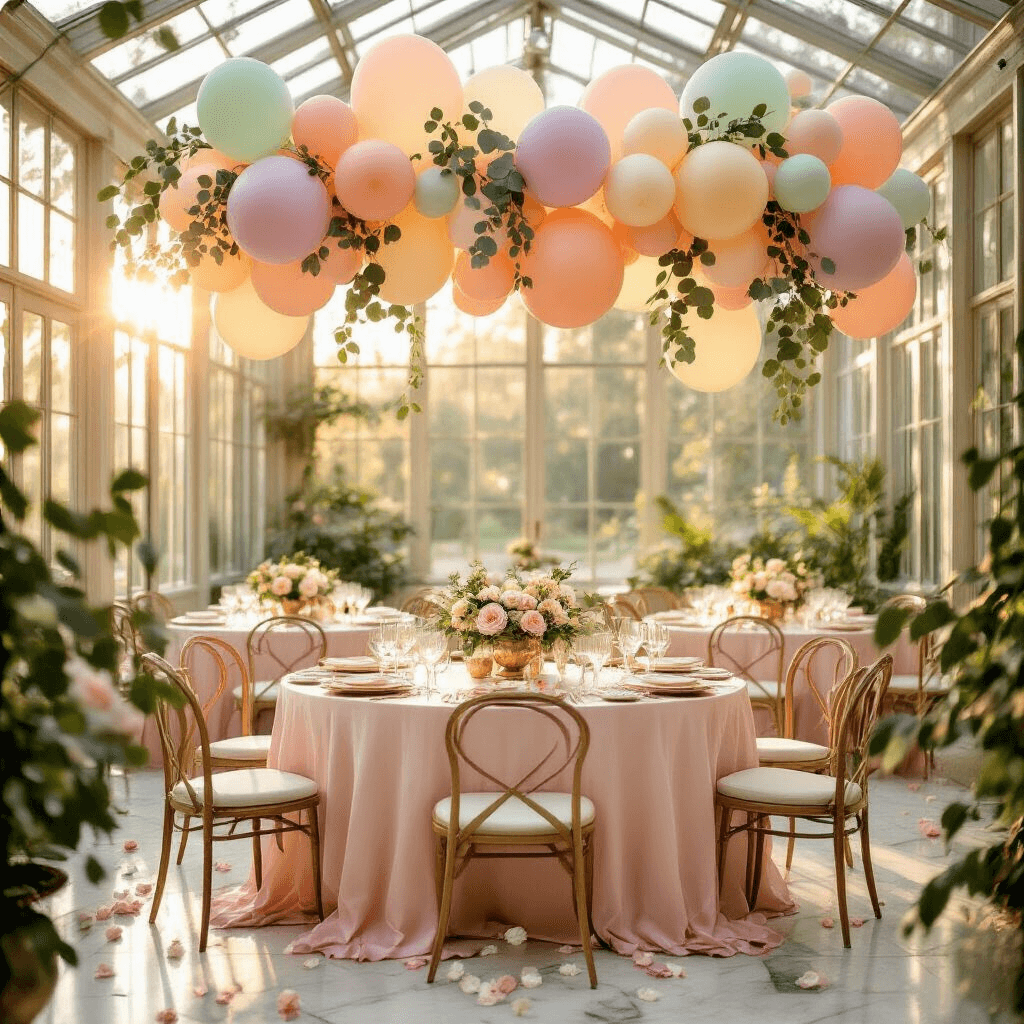 Pastel Balloons: Everything You Need to Know About These Dreamy Party Decorations Cinematic wide-angle shot of an elegant bridal shower in a sunlit conservatory, featuring blush pink silk linens, pastel balloon garlands, ivory roses in vintage brass vessels, and gold-rimmed place settings, all bathed in golden hour light.