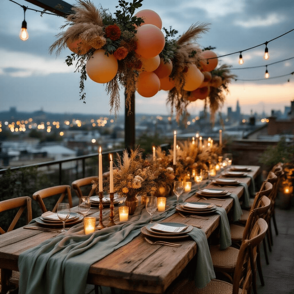 Pastel Balloons: Everything You Need to Know About These Dreamy Party Decorations Moody candlelit dinner party on a rustic rooftop terrace with city lights, featuring a long reclaimed wood table set for eight, sage green linen runners, organic balloon garlands in muted colors, vintage brass candlesticks, ceramic dinnerware, mason jar centerpieces with wildflowers, and twinkling fairy lights.