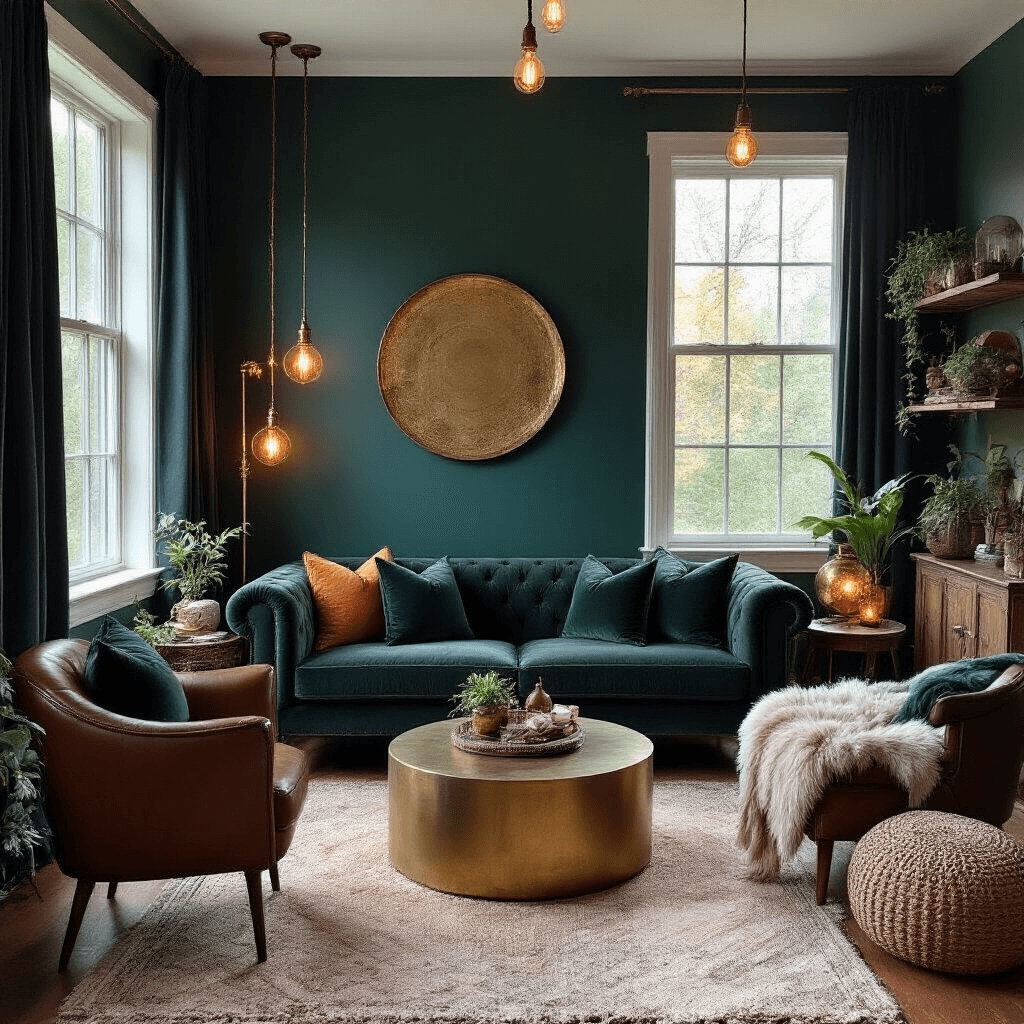 How I Transformed My Bedroom Into a Moody, Balloons-Inspired Sanctuary (And You Can Too) Overhead flat lay of a moody living room with a dark emerald green accent wall, charcoal grey velvet sofa, warm light sources, leather accent chairs, a brass coffee table, faux fur throws, and midnight blue curtains, featuring rich materials and layered textures for an atmospheric sanctuary vibe.