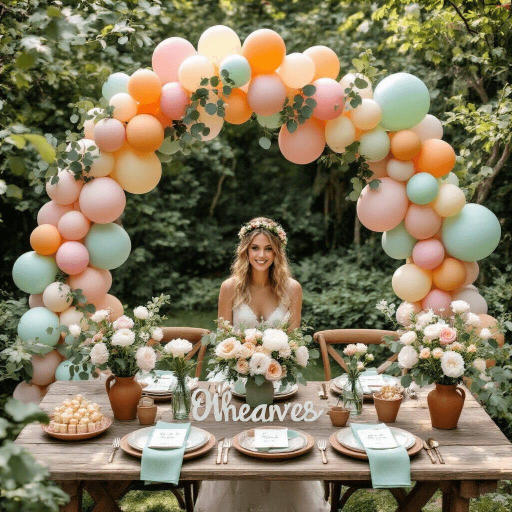 Where to Find the Best Party Balloons in Canada (Without Losing Your Mind) Overhead flat-lay photo of a whimsical garden party setup with a pastel balloon garland, rustic farm table, terracotta and sage green dinnerware, mason jar centerpieces, and twinkling fairy lights in soft morning light.