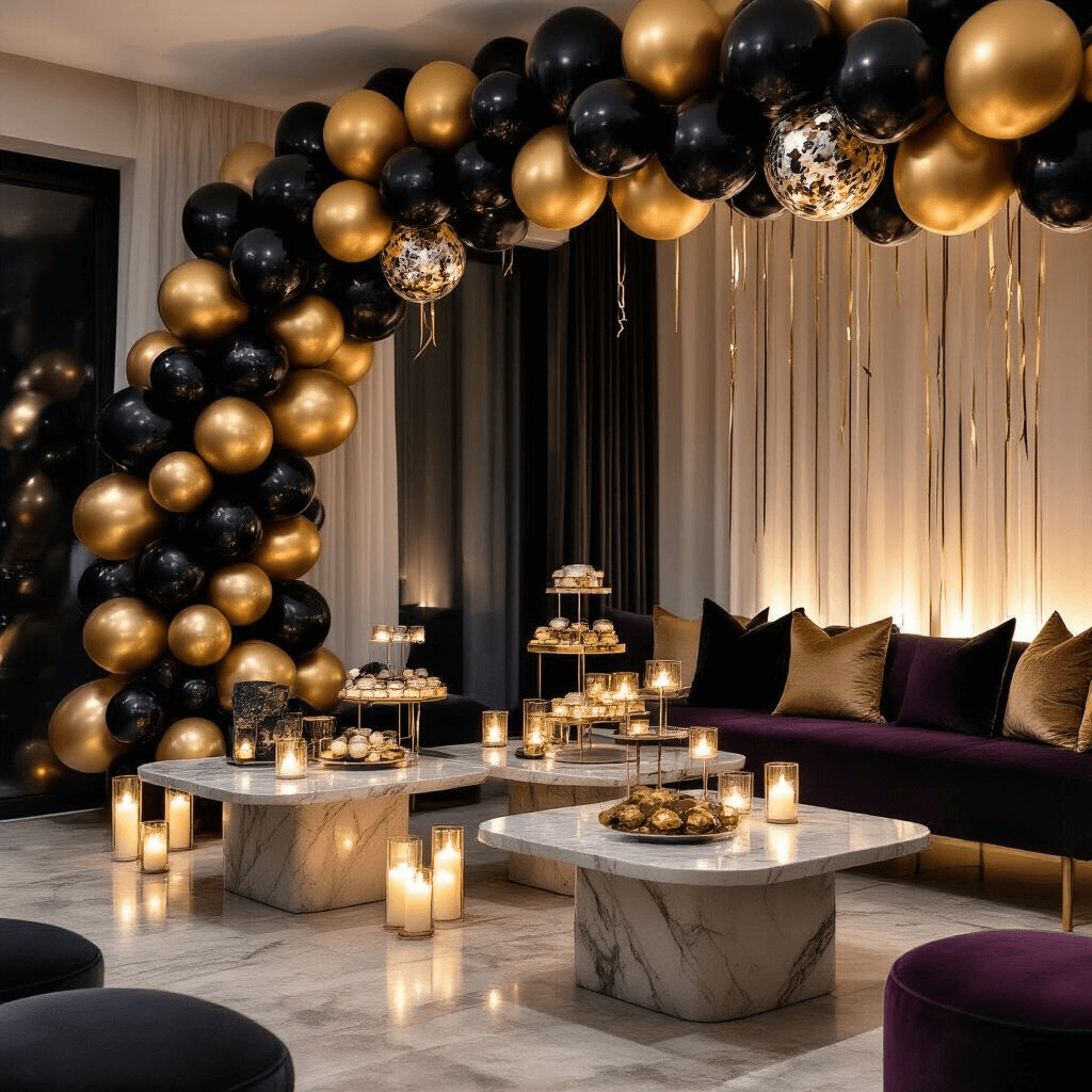 Where to Find the Best Party Balloons in Canada (Without Losing Your Mind) Close-up of a sophisticated modern apartment living space decorated for a milestone celebration, featuring a black and gold balloon arch, luxurious velvet cushions, ambient candlelight, and elegant custom-printed balloons.