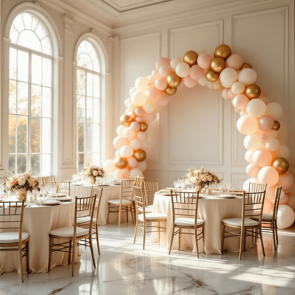 DIY Party Balloons: Your Complete Guide to Stunning Decorations Without Breaking the Bank A photorealistic wide-angle shot of an elegant indoor ballroom birthday party featuring a DIY balloon garland in blush pink, cream, and gold along white walls, illuminated by golden hour sunlight. Round tables with silk ivory linens and balloon centerpieces are arranged throughout the space, complemented by marble floors reflecting warm light and sophisticated glassware. The scene conveys a luxuriously minimal yet festive atmosphere.