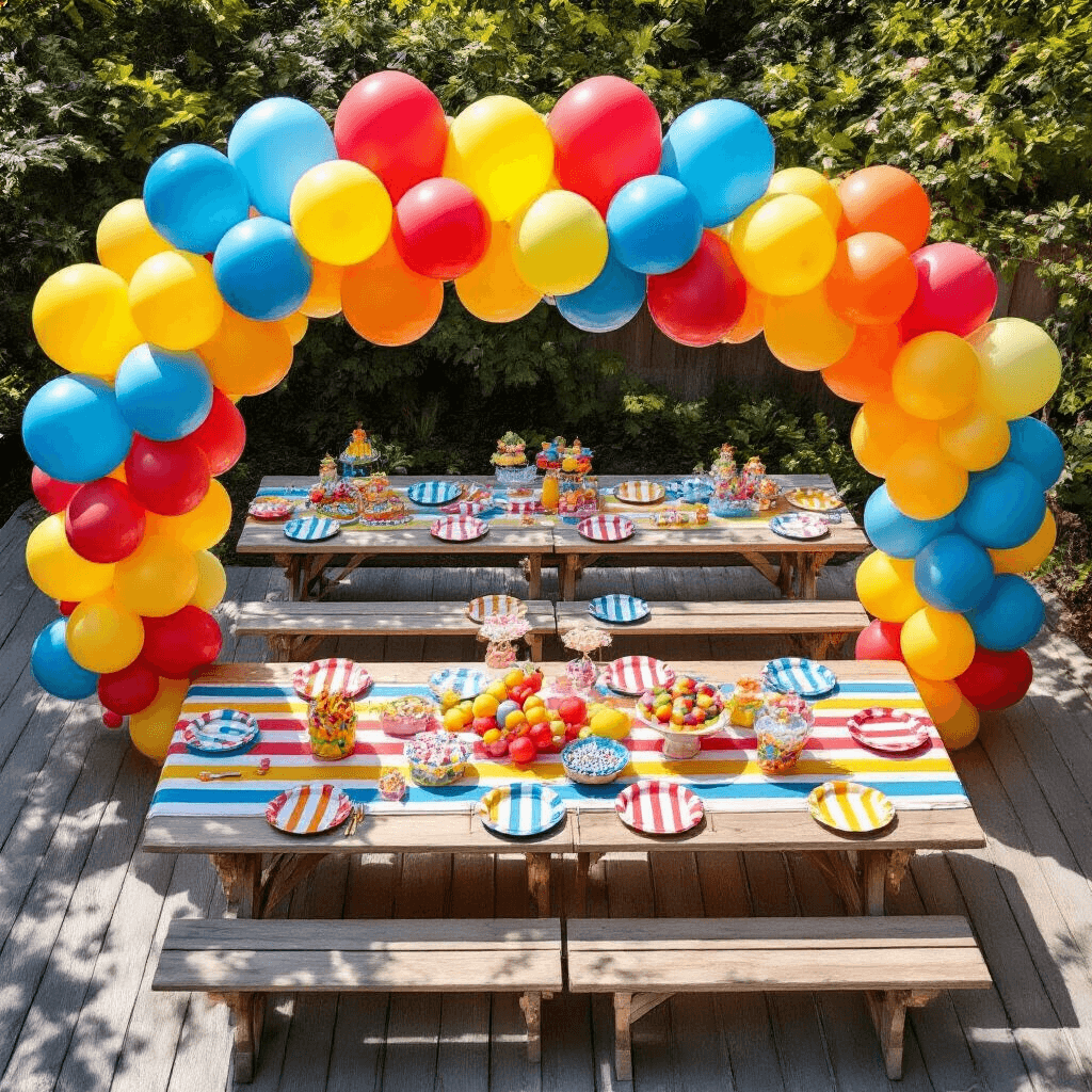 DIY Party Balloons: Your Complete Guide to Stunning Decorations Without Breaking the Bank Overhead view of a vibrant children's birthday party setup in a sunny backyard with a bold balloon garland in primary colors above low picnic tables decorated with colorful striped linens, plastic plates, and cheerful party favors, all accented by confetti-filled clear balloons.