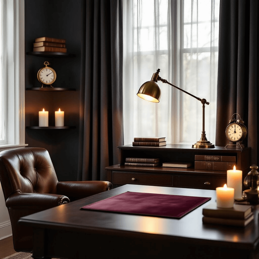 How I Transformed My Bedroom Into a Moody, Balloons-Inspired Sanctuary (And You Can Too) Close-up of a moody home office corner illuminated by soft morning light, featuring a dark walnut desk, a cognac leather chair, a brass banker's lamp, and deep burgundy velvet desk pad. Circular brass elements and candles create ambient shadows, with a rich color palette of navy, charcoal, and warm brass accents.