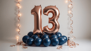 Giant Number 13 Balloons: Everything You Need to Make Your Teen's Birthday Actually Cool Cinematic close-up of oversized rose gold foil number 13 balloons against a white backdrop, enhanced by navy blue round balloons and delicate ribbons, with soft lighting and a warm atmosphere, ideal for a teen birthday celebration.