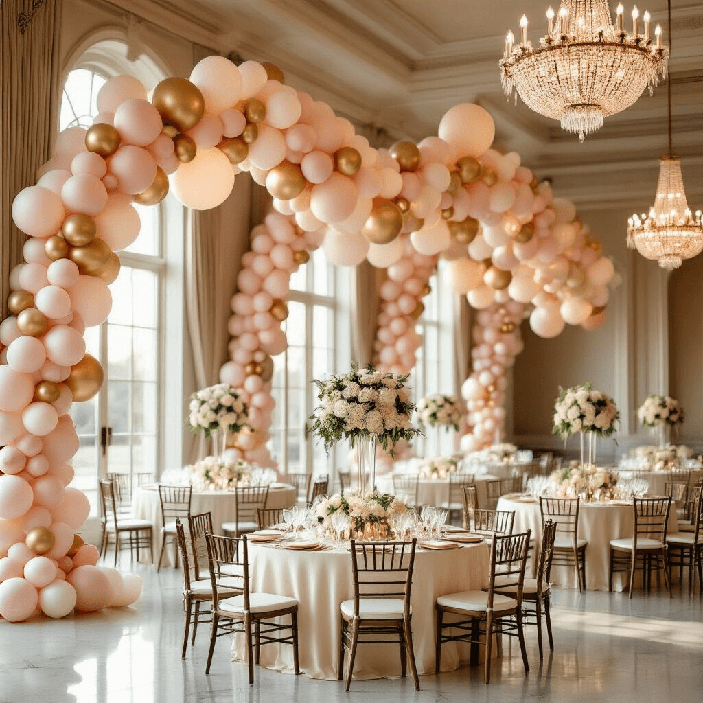 How to Hang Balloons for Events Without Losing Your Mind (Or Your Security Deposit) Elegant indoor ballroom with a stunning balloon garland installation of blush pink, cream, and gold balloons, round tables with silk ivory linens, tall glass centerpieces of white roses and eucalyptus, illuminated by warm golden hour light and crystal chandeliers.