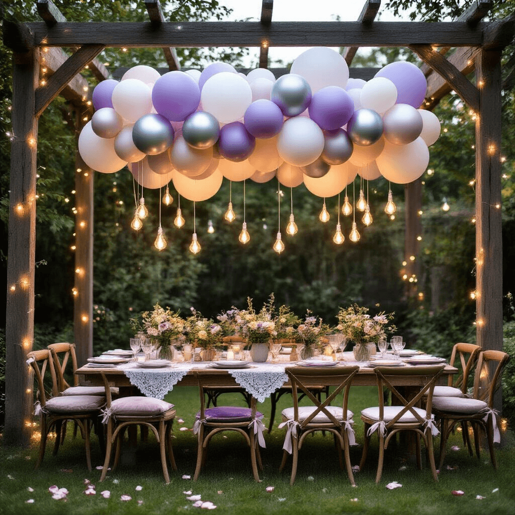 How to Hang Balloons for Events Without Losing Your Mind (Or Your Security Deposit) Overhead view of a whimsical outdoor garden party featuring a balloon cloud installation, rustic wooden tables with vintage lace runners, mismatched ceramic plates, and mason jar wildflower centerpieces, all illuminated by string lights and surrounded by weathered chairs with plush cushions, rose petals, and pillar candles.