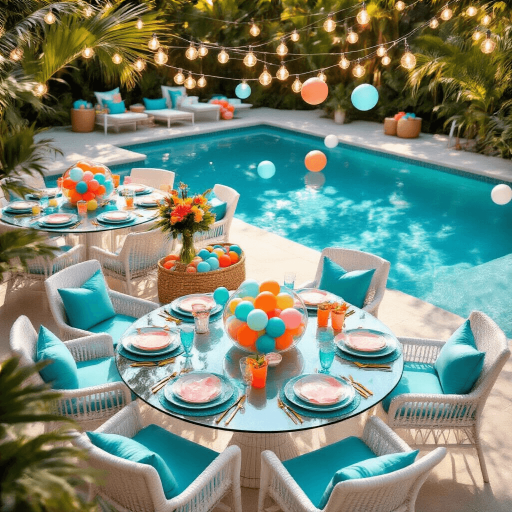 Water Balloons: Everything You Need to Know About the Ultimate Summer Fun Weapon Elegant summer pool party setup with self-sealing water balloons, featuring glass-top tables with coral reef linens, colorful balloon centerpieces, and modern white furniture, all illuminated by floating LED lights and string lights during golden hour.
