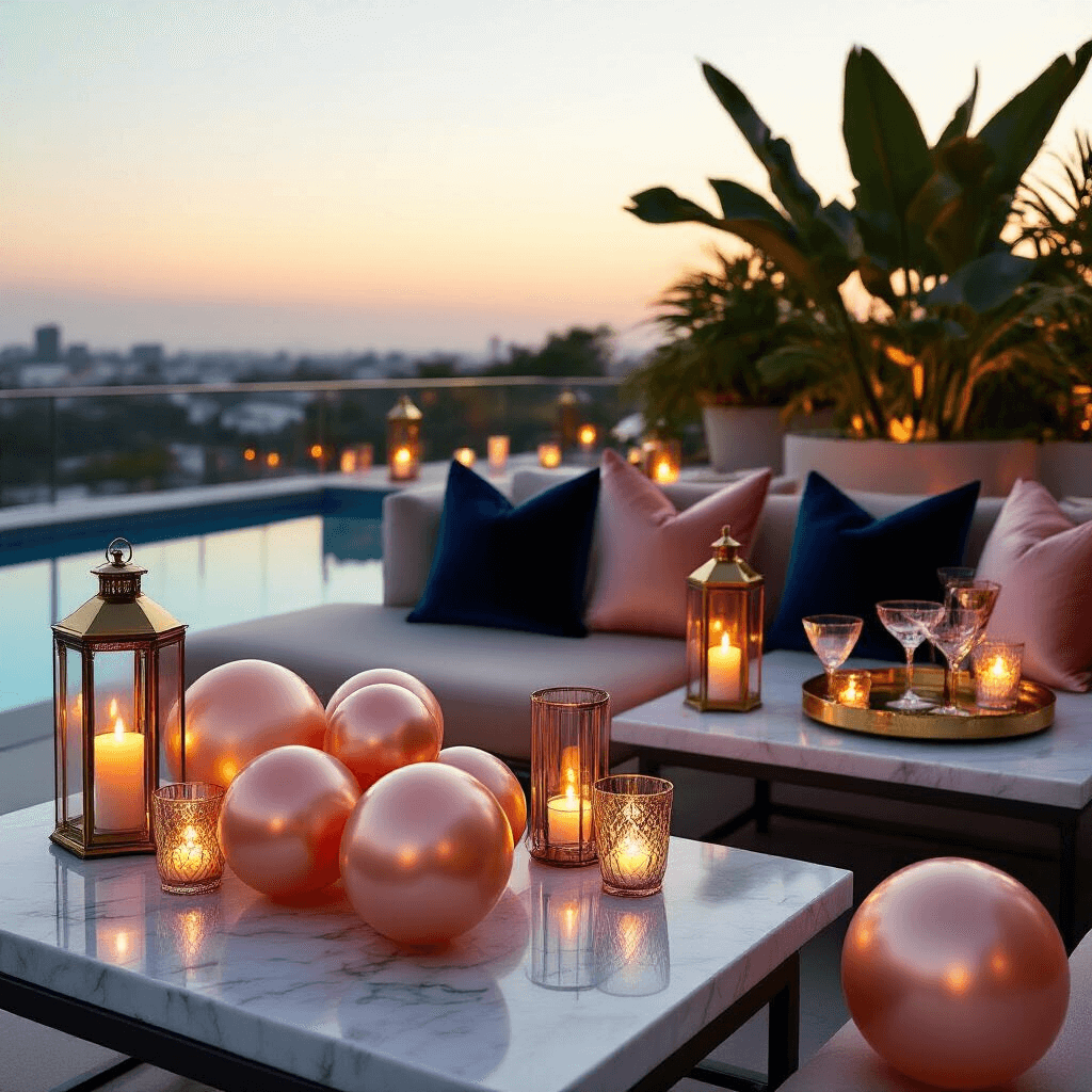 Water Balloons: Everything You Need to Know About the Ultimate Summer Fun Weapon Intimate close-up of a sophisticated rooftop pool party setup at night, featuring low marble cocktail tables with metallic gold and rose gold silicone water balloons, deep navy and champagne velvet cushions, hurricane lanterns with floating candles, silk table linens in sunset gradient colors, and modern tropical planters, all illuminated by warm, moody lighting.