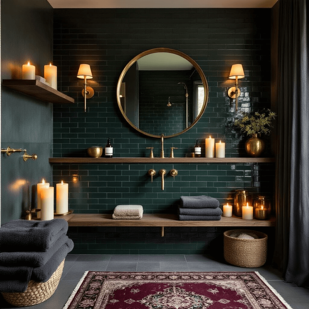 How I Transformed My Bedroom Into a Moody, Balloons-Inspired Sanctuary (And You Can Too) A dimly lit bathroom featuring dark emerald subway tiles and charcoal grey walls, illuminated by candles. Brass fixtures and a large circular brass mirror accent the space, complemented by rich textiles like plush towels and a vintage rug. Organic touches include succulents in copper planters, enhancing the intimate, spa-like atmosphere.
