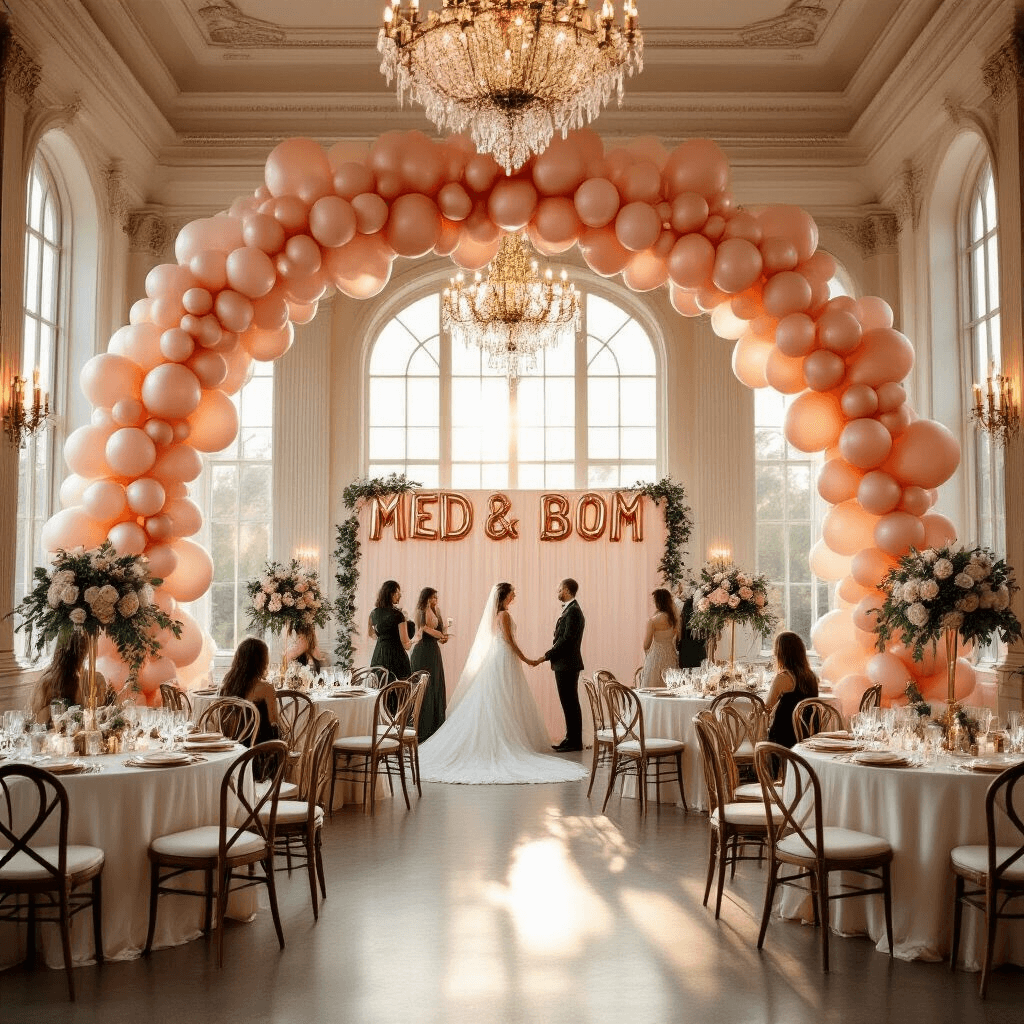Bridal Shower Balloons: The Ultimate Guide to Creating an Unforgettable Celebration A photorealistic wide-angle view of an elegant indoor ballroom bridal shower during golden hour, featuring a rose gold and blush pink balloon arch, high ceilings with chandeliers, tables with silk linens and balloon centerpieces, a photo backdrop with organic balloon garlands, and soft natural sunlight illuminating the scene.