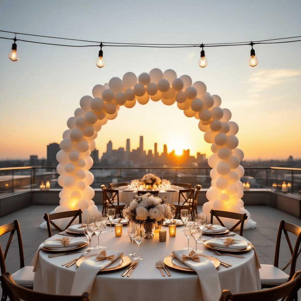 Balloons with Bows: The Party Decoration That Makes Everything Look Like You Tried (Even When You Didn't) Cinematic wide shot of a modern rooftop terrace wedding reception at sunset, featuring a dramatic white balloon arch with satin bows, urban skyline glowing in golden hour light, round tables with ivory silk linens and balloon centerpieces, crystal stemware and gold-rimmed plates, ambient Edison bulb lighting and mercury glass votives, all in a sophisticated color palette of whites, golds, and champagne tones.