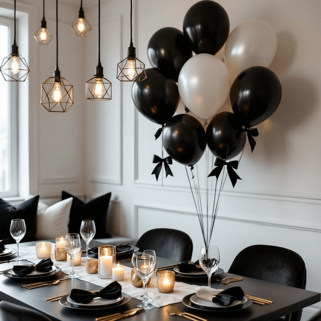 Balloons with Bows: The Party Decoration That Makes Everything Look Like You Tried (Even When You Didn't) A moody close-up of a stylish adult birthday party in an apartment, featuring a statement wall with jumbo helium balloons and black satin bows, a sleek dining table with matte black ceramics and gold cutlery, and elegant candle groupings, all in a sophisticated monochromatic palette.