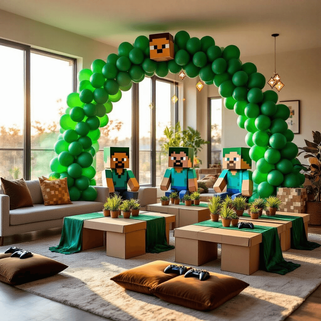 Minecraft Balloons: Everything You Need to Know About Virtual and Real Party Decorations A modern apartment living room decorated for a Minecraft-themed birthday party, featuring a vibrant balloon arch, pixelated centerpieces, and cozy cushions, all illuminated by golden hour sunlight.