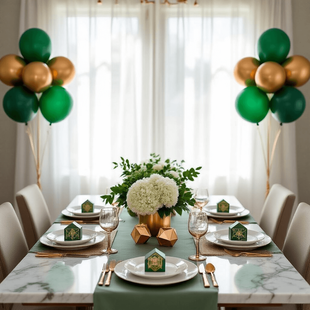 Minecraft Balloons: Everything You Need to Know About Virtual and Real Party Decorations An elegant dining room setup inspired by Minecraft, featuring a long marble table with sage green linens, copper geometric centerpieces of eucalyptus and hydrangeas, emerald and gold balloon clusters, modern white plates with gold-rimmed glassware, custom treasure map place cards, and ambient LED underglow.