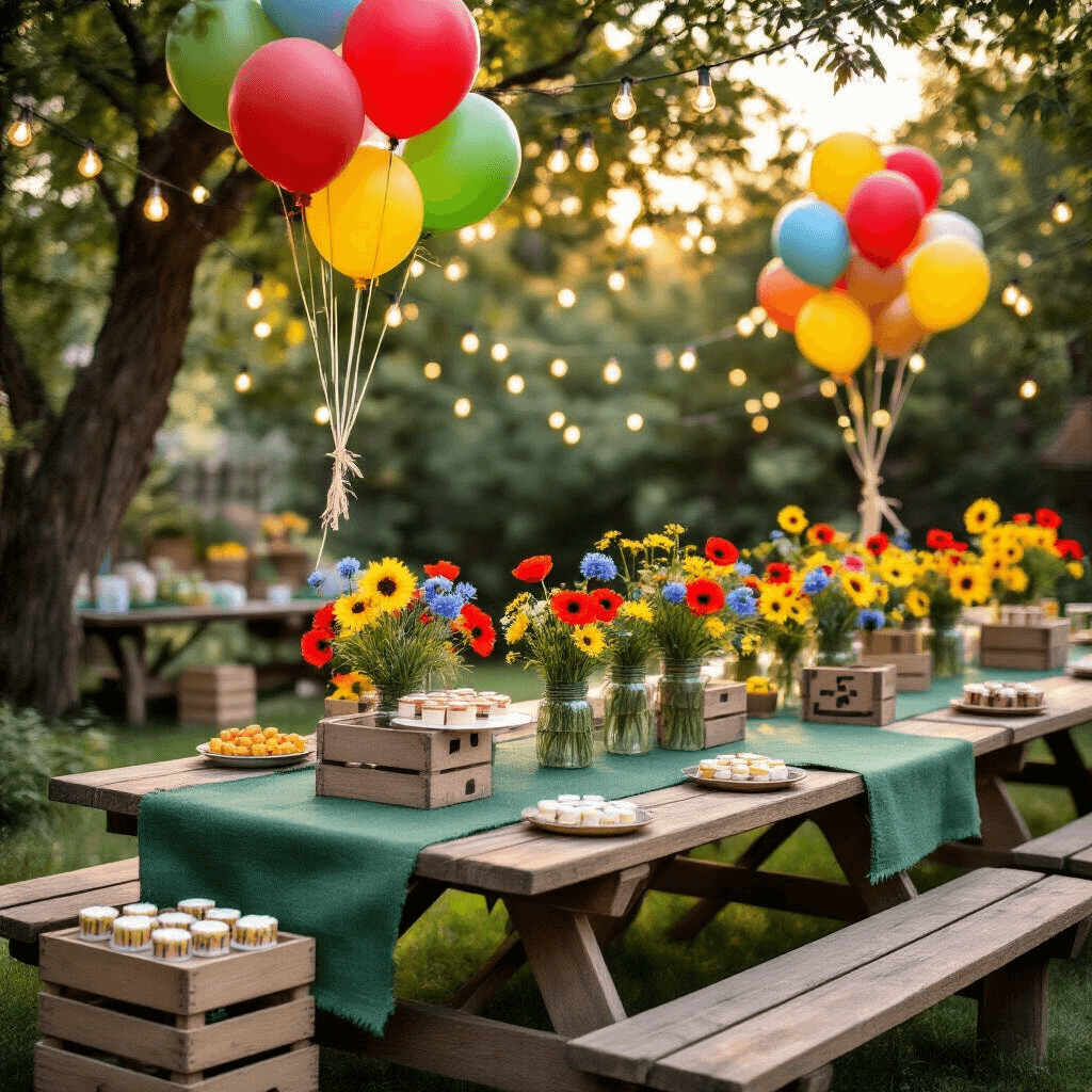 Minecraft Balloons: Everything You Need to Know About Virtual and Real Party Decorations A whimsical backyard garden party scene during golden hour, featuring rustic wooden picnic tables with forest green burlap runners, pixelated character balloons, mason jar wildflower centerpieces, string lights in tree branches, hand-painted wooden signs, vintage wooden crates with cake pops, and balloon weights resembling painted stone blocks.