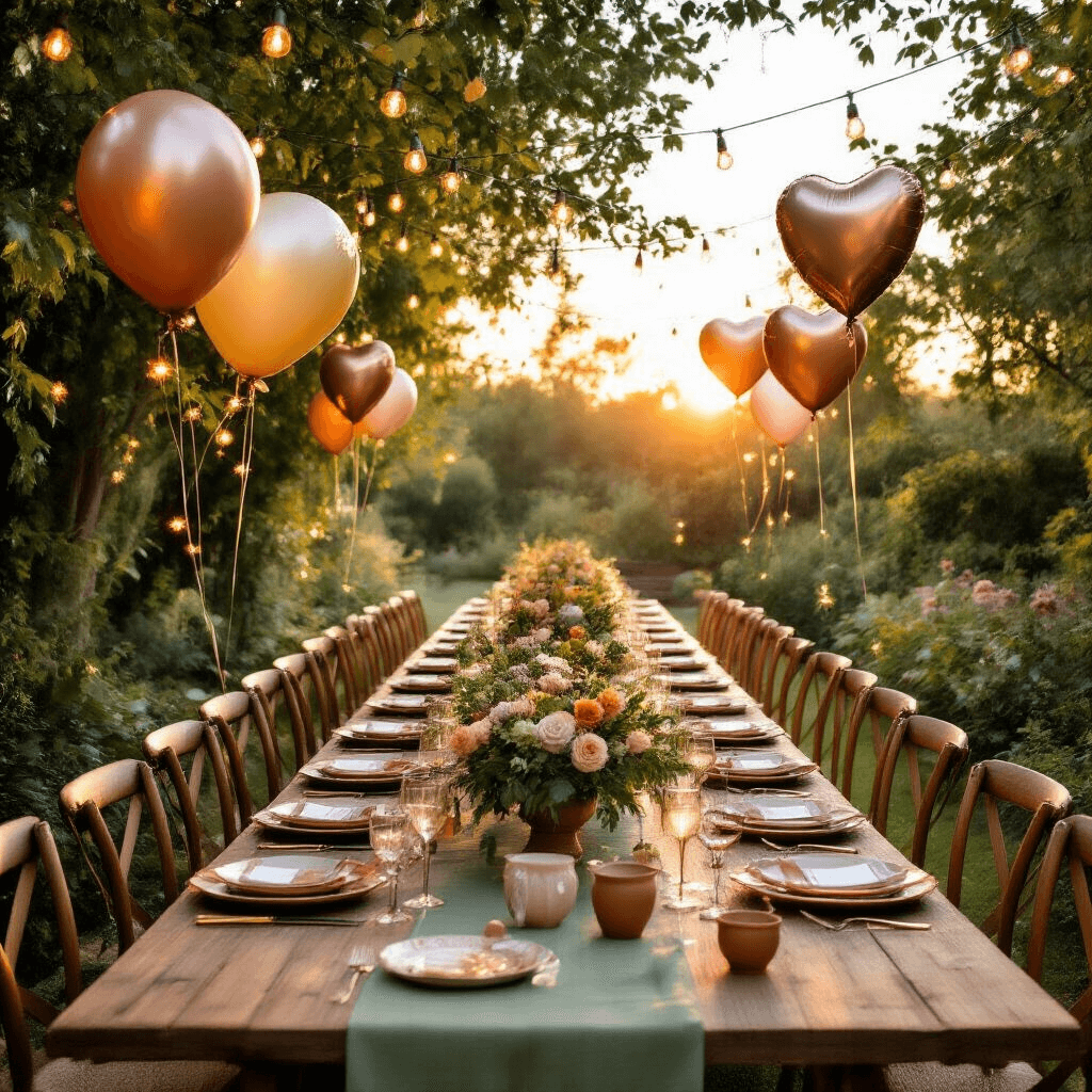 Foil Balloons: Everything You Need to Know About These Party-Perfect Decorations An enchanting garden party at sunset featuring whimsical foil balloon installations among lush greenery, long wooden farm tables with terracotta and sage linens, rustic floral centerpieces, fairy lights overhead, and heart-shaped foil balloons for an intimate anniversary celebration, all bathed in warm golden hour light.