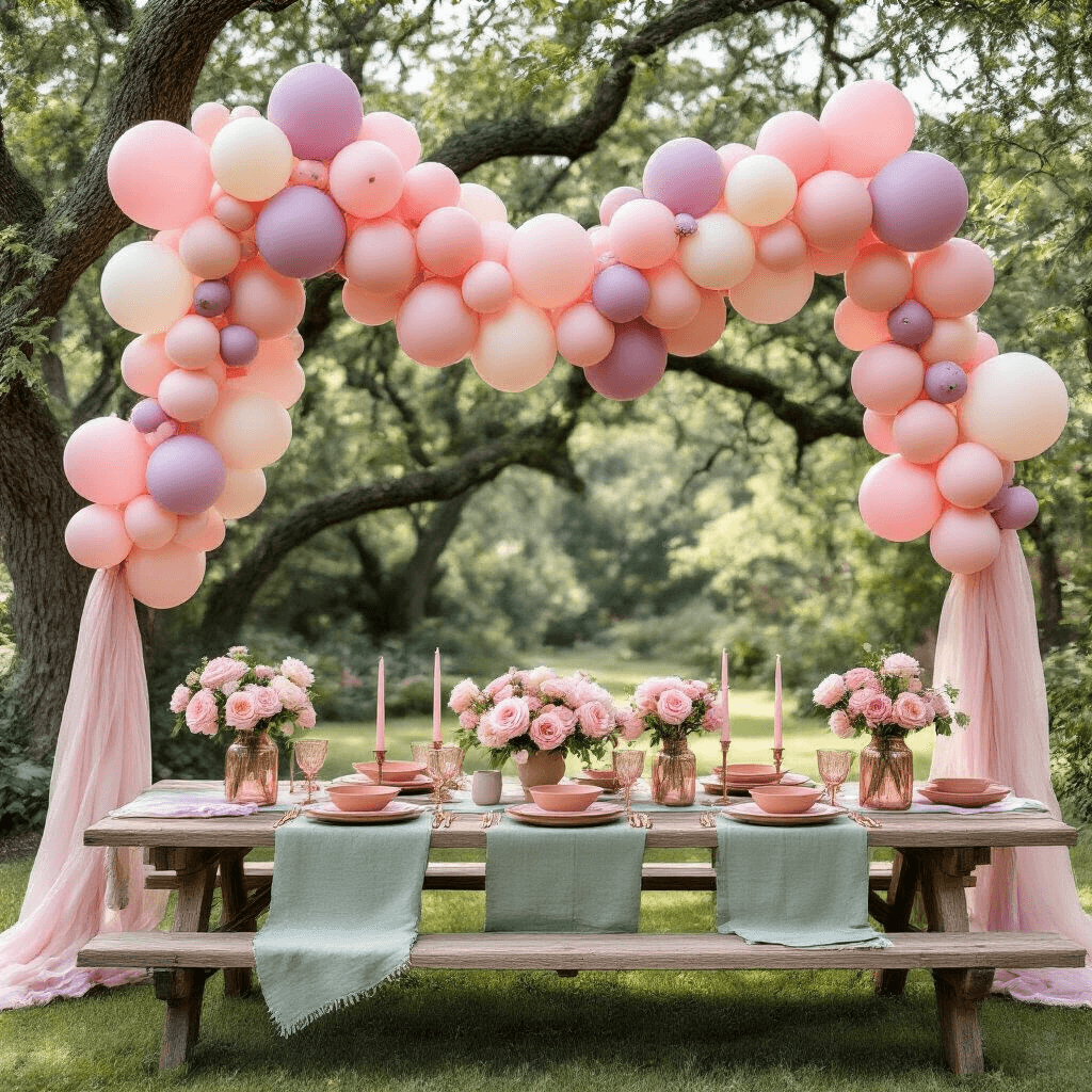 Pink Balloons: Everything You Need to Know About Choosing, Using, and Creating Magic An overhead view of a whimsical garden party setup featuring a rustic wooden picnic table adorned with a sage green linen runner, terracotta dishes, and rose gold flatware, surrounded by an installation of baby pink and lavender balloons draped between oak trees. Mason jars filled with balloons serve as centerpieces alongside fresh pink peonies, while sheer pink drapery flows in the breeze and dappled sunlight casts shadows on cream-colored linens scattered with rose petals.