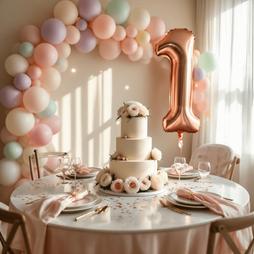 First Birthday Balloons: The Complete Guide to Making Your Baby's Big Day Picture-Perfect A vibrant first birthday dining room adorned with a towering cake, pastel balloon garland, and elegant table setting, illuminated by warm golden hour light.