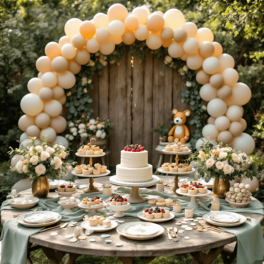 First Birthday Balloons: The Complete Guide to Making Your Baby's Big Day Picture-Perfect A cinematic overhead flat lay of a first birthday garden celebration featuring sage green picnic tables, low balloon bouquets, a rustic backdrop with safari animal balloons, a naked vanilla cake with fresh berries, tiered desserts, pastel confetti, gold party favors, and string lights hanging among oak trees, all bathed in soft morning light.