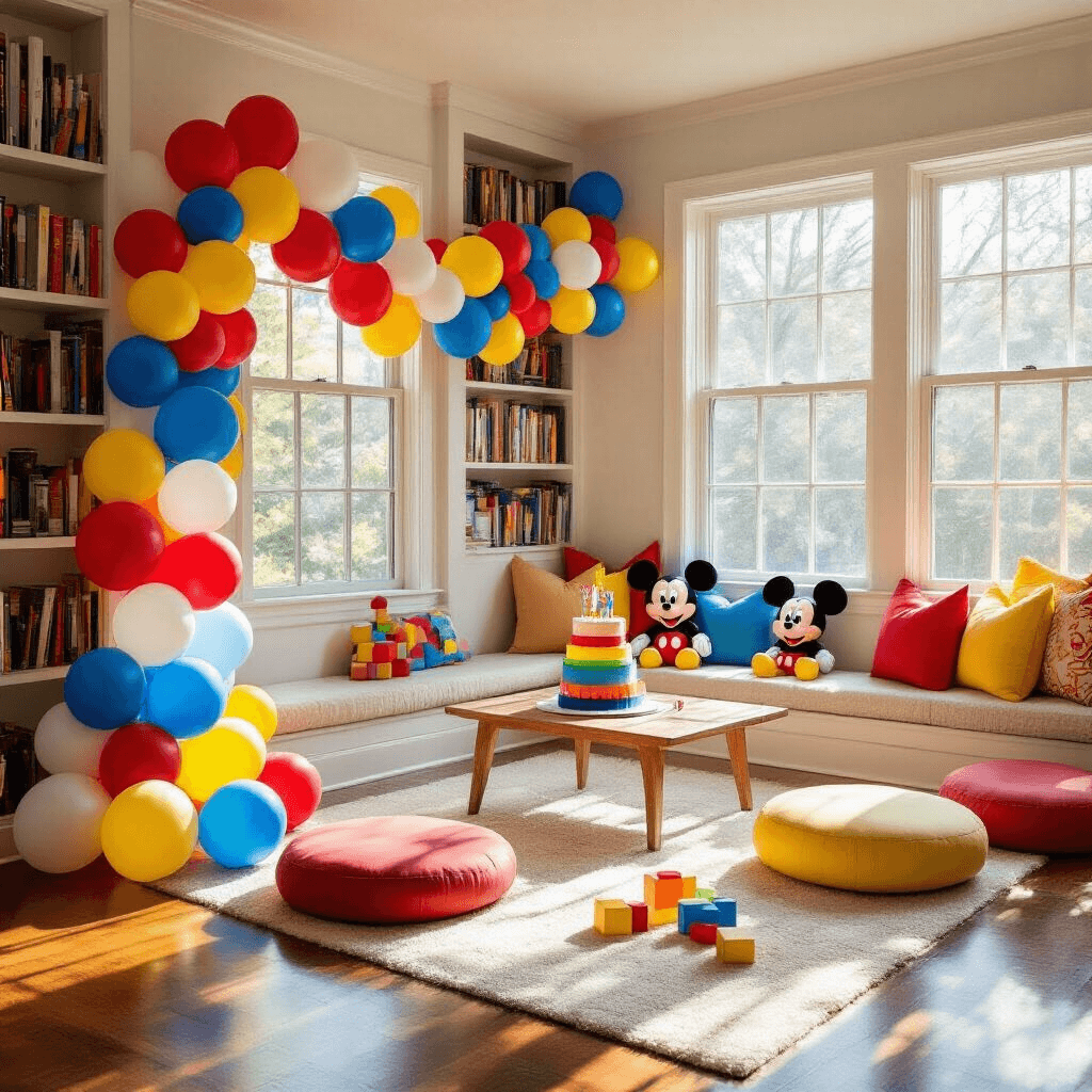 First Birthday Balloons: The Complete Guide to Making Your Baby's Big Day Picture-Perfect A whimsical living room decorated for a first birthday party, featuring colorful Mickey Mouse balloons, a rainbow layer cake on a low table, and bright streamers, all illuminated by midday sunlight streaming through large windows.