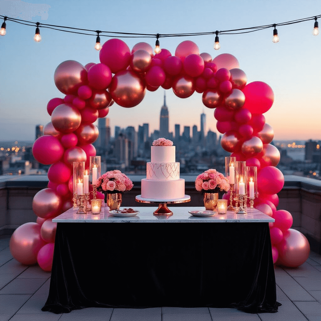 Pink Balloons: Everything You Need to Know About Choosing, Using, and Creating Magic A luxurious rooftop terrace birthday celebration at night, featuring a sleek dessert table with a three-tiered cake, surrounded by rose gold and blush pink balloon arrangements, with city skyline views and warm candlelight illuminating the scene.