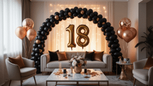 18th Birthday Balloon Decorations That Actually Look Amazing (Not Like You Tried Too Hard) Sophisticated 18th birthday balloon setup with black and gold arch, oversized "18" foil numbers, rose gold confetti balloons, and warm golden hour lighting, creating an elegant party atmosphere.