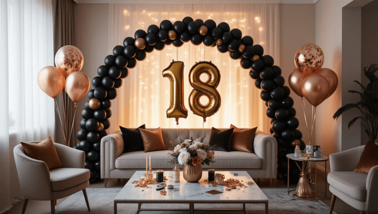 18th Birthday Balloon Decorations That Actually Look Amazing (Not Like You Tried Too Hard) Sophisticated 18th birthday balloon setup with black and gold arch, oversized "18" foil numbers, rose gold confetti balloons, and warm golden hour lighting, creating an elegant party atmosphere.