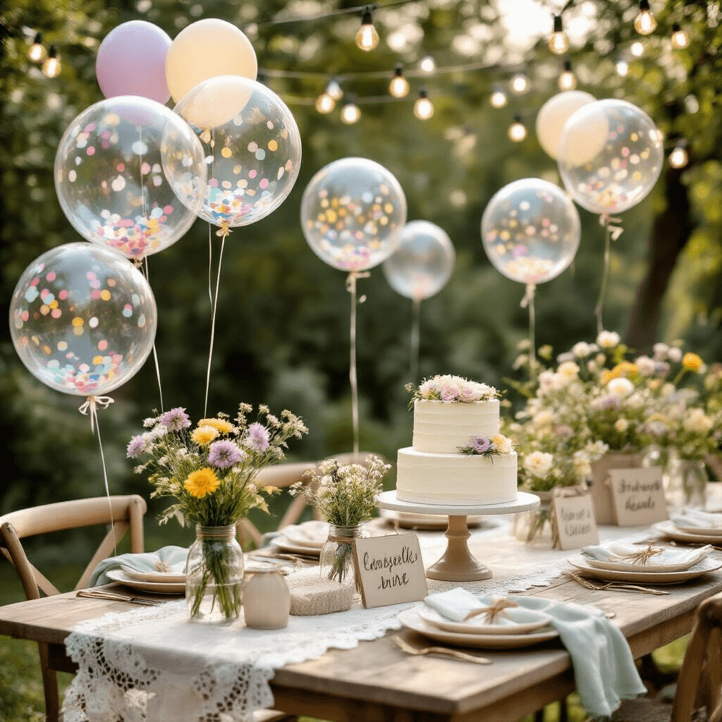What Kind of Balloons Float: Your Complete Guide to Choosing the Right Party Balloons Close-up of a whimsical outdoor garden party setup featuring floating bubble balloons filled with confetti, soft pastel latex balloons, vintage lace runners on low wooden tables, mismatched china on sage linen napkins, mason jars of wildflowers, and a tiered vanilla cake adorned with buttercream flowers, all illuminated by soft morning light and string lights.