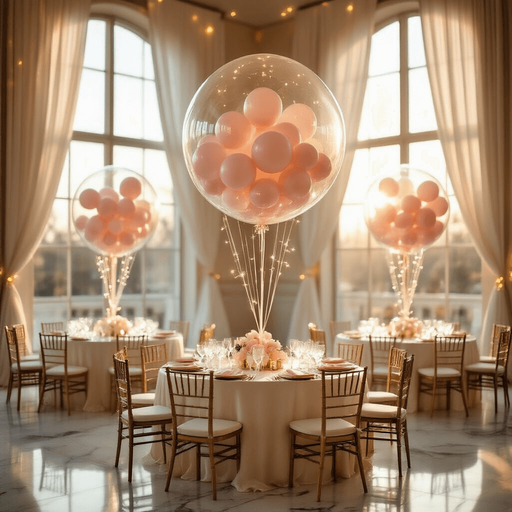 Bubble Balloons: The Complete Guide to Creating Show-Stopping Party Decorations Cinematic wide-angle view of an elegant ballroom at golden hour, showcasing floating bubble balloon centerpieces above round tables with ivory silk linens, blush pink and cream confetti, and delicate fairy lights, all enhanced by natural light and sheer drapery.