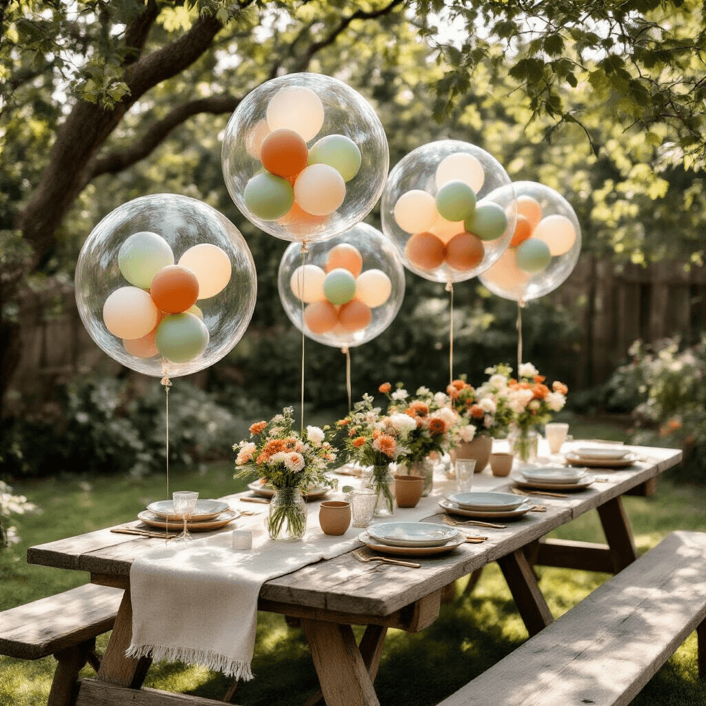 Bubble Balloons: The Complete Guide to Creating Show-Stopping Party Decorations Overhead flat-lay of a garden party with clear bubble balloons containing smaller sage green, terracotta, and cream latex balloons, set above picnic tables adorned with natural linen runners, ceramic dinnerware, and mason jar floral centerpieces, all beautifully lit by soft morning light filtering through tree branches.