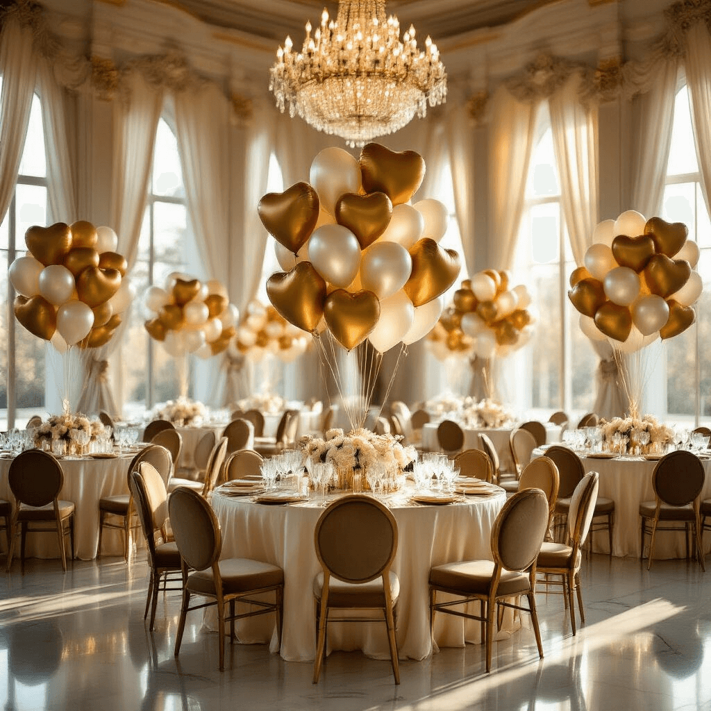 Balloon Types for Events: Everything You Need to Know Before Your Next Celebration A luxurious indoor ballroom adorned with gold and ivory mylar balloon arrangements, featuring silk ivory table linens, towering balloon centerpieces, ornate chandeliers, and polished marble floors, creating an elegant atmosphere for a wedding.