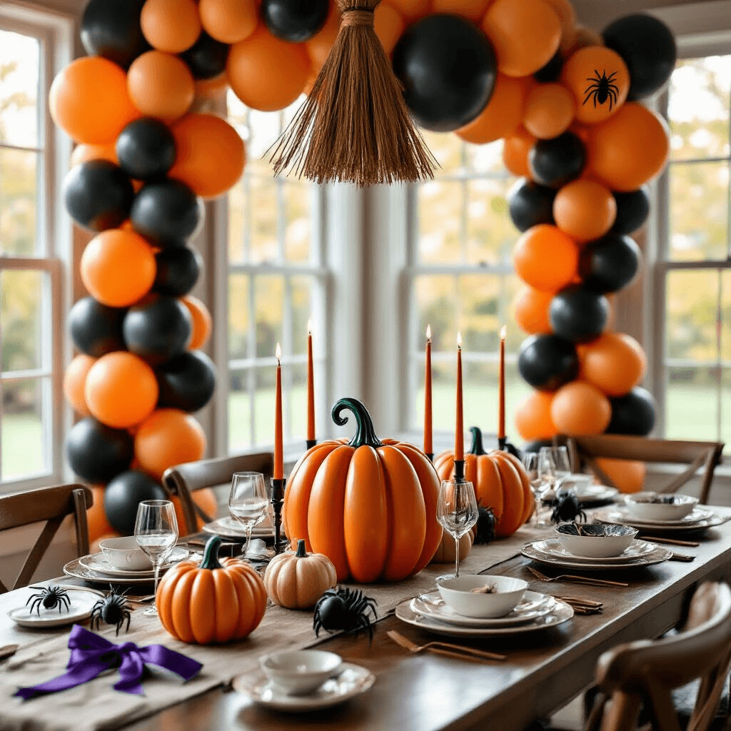 Halloween Balloon Decorations: Transform Your Space Without Breaking the Bank (Or Your Sanity) Elegant Halloween party table setup featuring intricate balloon pumpkin centerpieces, fine china place settings, and soft morning light in a modern dining room, accented with a rich color palette of terracotta orange, midnight black, and sage green balloons, with marble countertop party favors and balloon spiders in window corners.