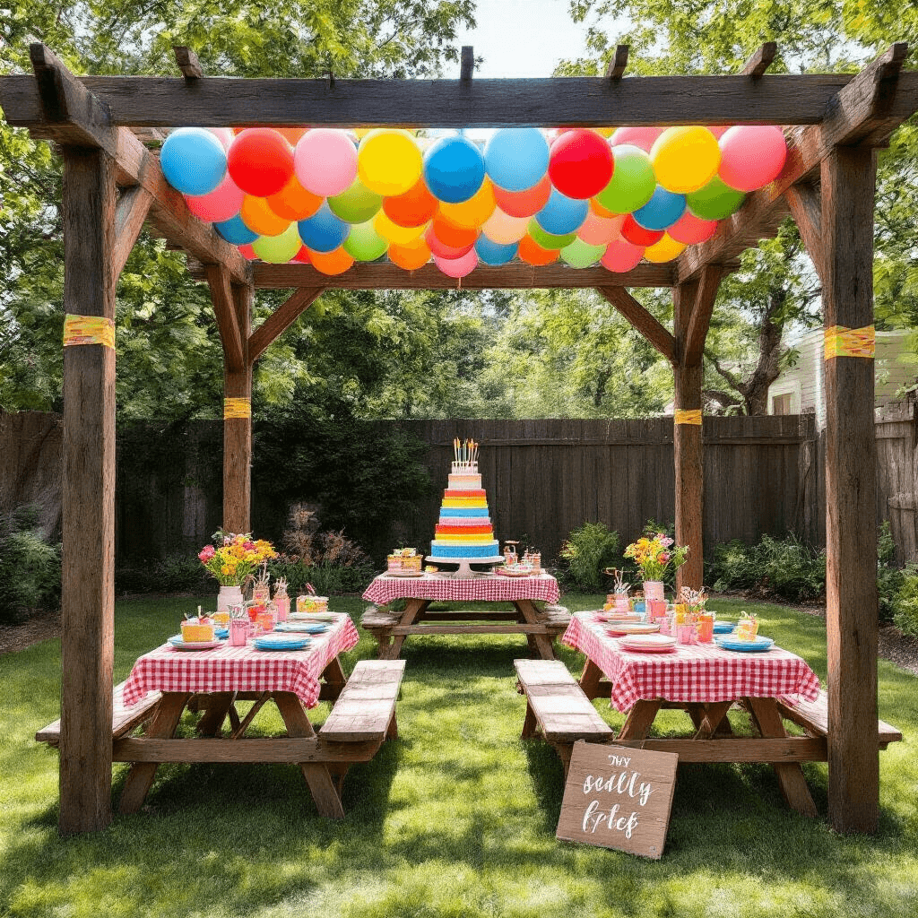 How to Attach Balloons to Ceiling Without Damage: 7 Methods That Actually Work An overhead view of a whimsical backyard birthday party with a painter's tape balloon ceiling, featuring colorful balloons, low picnic tables with gingham tablecloths, a tiered rainbow cake, mason jar drinks, and handmade party favors, all bathed in sunlight and casting playful shadows on the grass.
