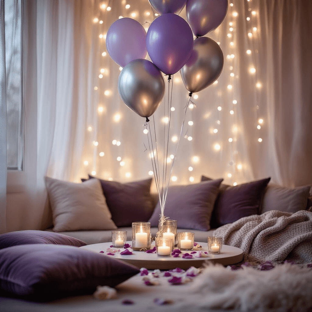 How to Attach Balloons to Ceiling Without Damage: 7 Methods That Actually Work A cozy living room scene featuring lavender and silver balloons affixed to a white ceiling with tacky putty, intertwined with soft fairy lights. Below, velvet floor cushions surround a low coffee table adorned with candle groupings, glass vessels, and rose petals, all illuminated by warm candlelight. Sheer curtains diffuse the ambient light, enhancing the intimate, romantic atmosphere of the evening celebration.
