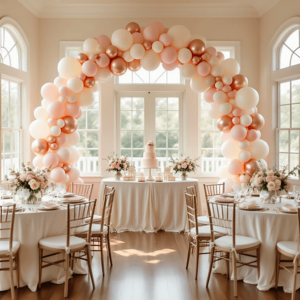Baby Shower Balloons: Everything You Need to Transform Your Celebration A luxurious indoor baby shower scene featuring a stunning blush pink, ivory, and rose gold balloon arch, large windows allowing soft afternoon light, and elegantly arranged round tables with silk linens and delicate balloon centerpieces.
